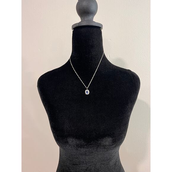 925 Sterling Silver Blue Stone Halo Necklace & Dangle Earrings Set 16.5” - Picture 4 of 16